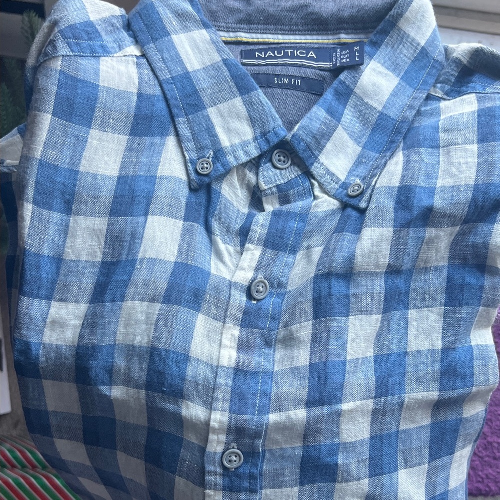 Nautica Casual Blue Linen Checkered Shirt